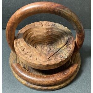 Collapsible  Wooden Basket Hand Carved Foldable Bowl Ornate Vintage Tramp Art